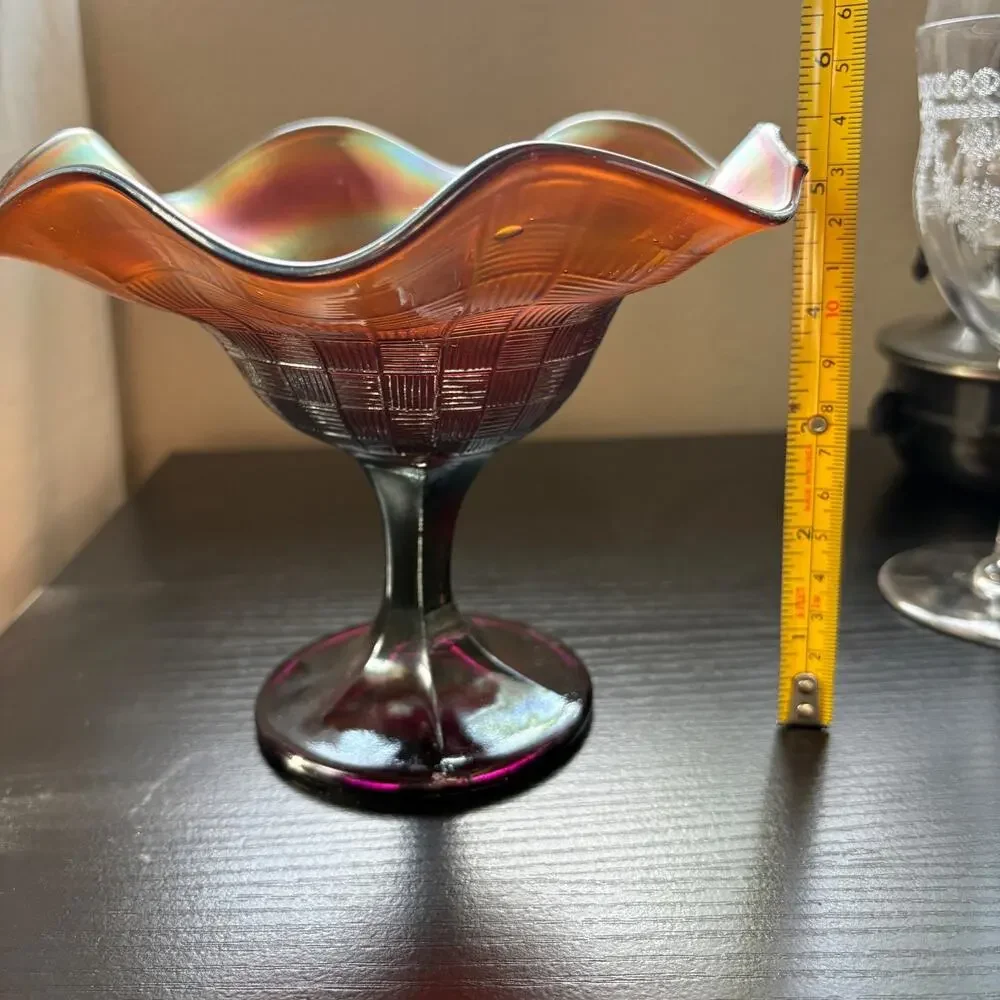 Antique Northwood Amethyst Rainbow Carnival Glass Pedestal Dish, Basket Weave